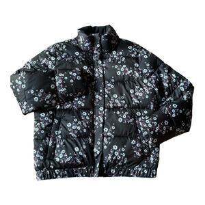 Floral puffer jacket by Skechers black, blue & pink stand collar size large